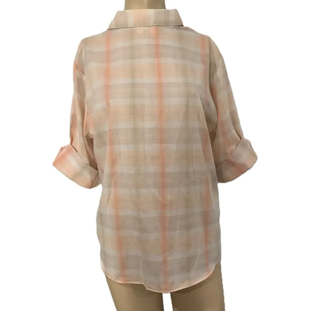 Vintage Peach Pastel Plaid Button Up Short Sleeve Shirt Women Size 14